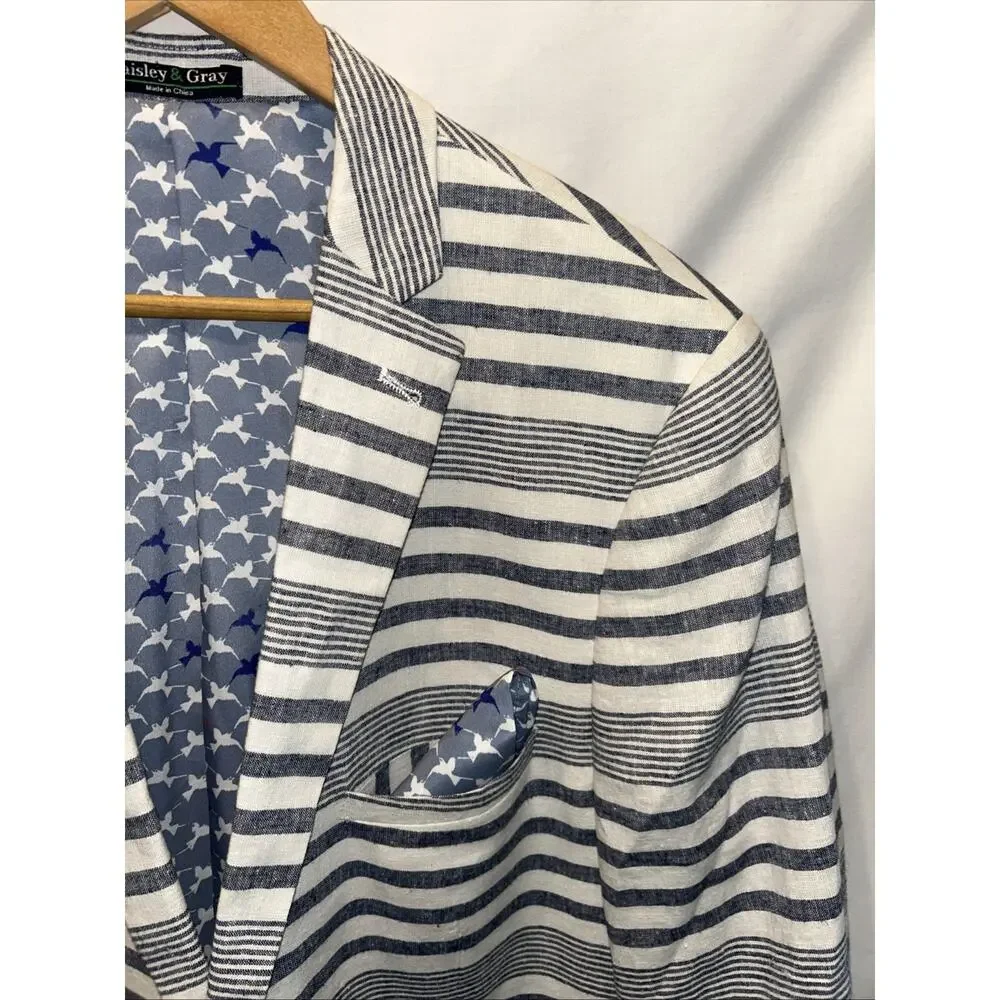 Paisley & Gray Mens 46R Blazer Sport Coat Striped Linen Slim Fit W Pocket Square
